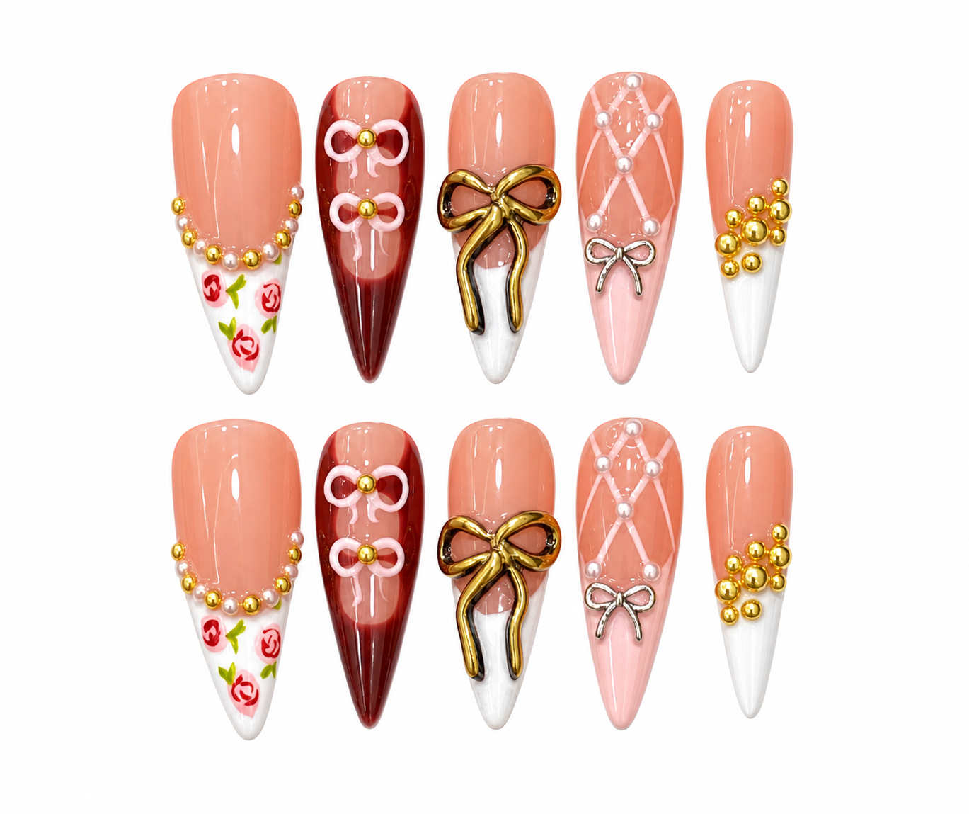 Ms Vintage Rose Press On Nails w/Bows