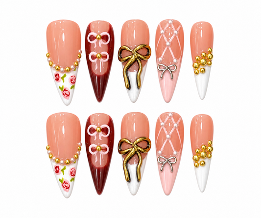 Ms Vintage Rose Press On Nails w/Bows