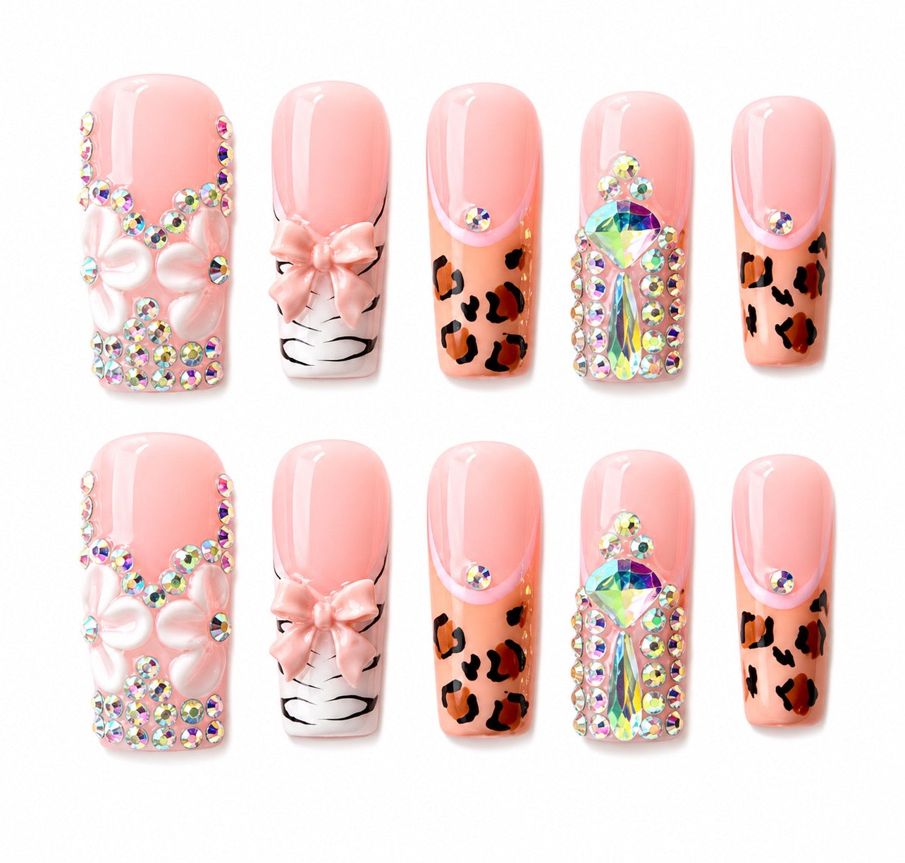 Ari- French Leopard Rhinestones Long Square Press-On Nails