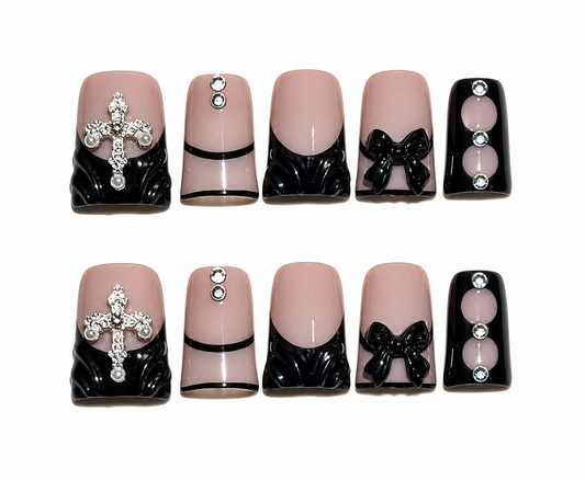 Vera – Black Bow Flare Press On Nails