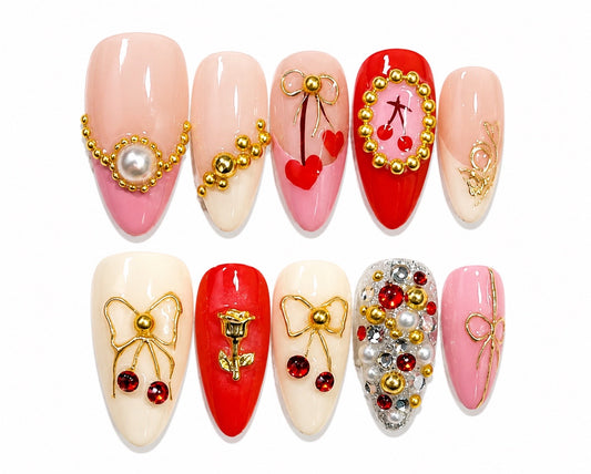 Rosa- Cherry Bow Almond Press-On Nails