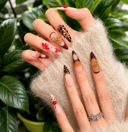 Demi - Cherry Leopard Animal Print Press On Stiletto Nails