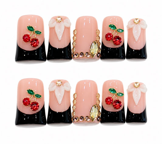 Cherry Bomb Babe - Black French Floral - Flare Handmade Press On Nails