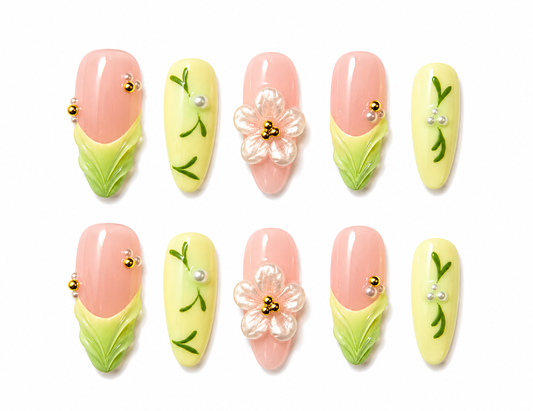 Cindy Citrus Bloom Garden - Medium Length Almond Press On Nails