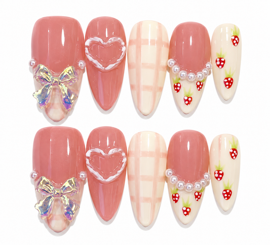 Sweetheart -Strawberry Bow Heart - Almond Shape Handmade Press-Ons