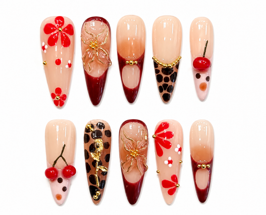 Demi - Cherry Leopard Animal Print Press On Stiletto Nails