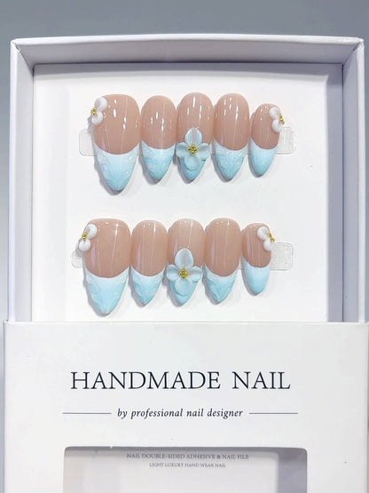 Ocean Breeze: "Blue Floral French" – Almond Press-On Nail