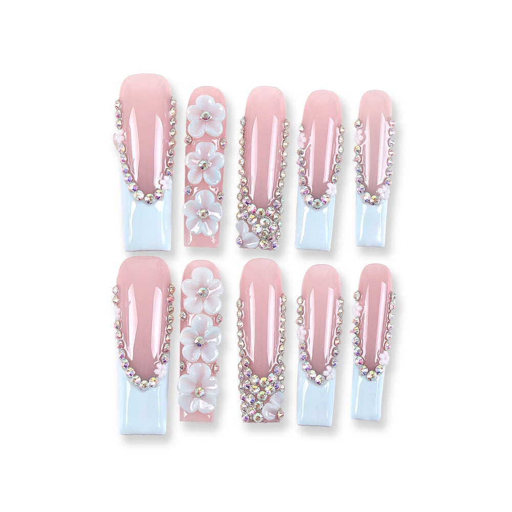 Rosalie - French Extra Long Square Crystal Bloom Press-On Nails