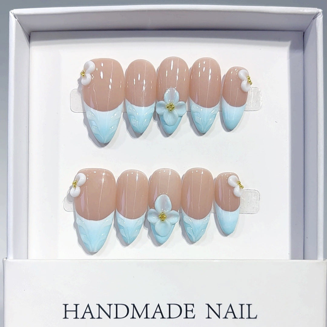 Ocean Breeze: "Blue Floral French" – Almond Press-On Nail