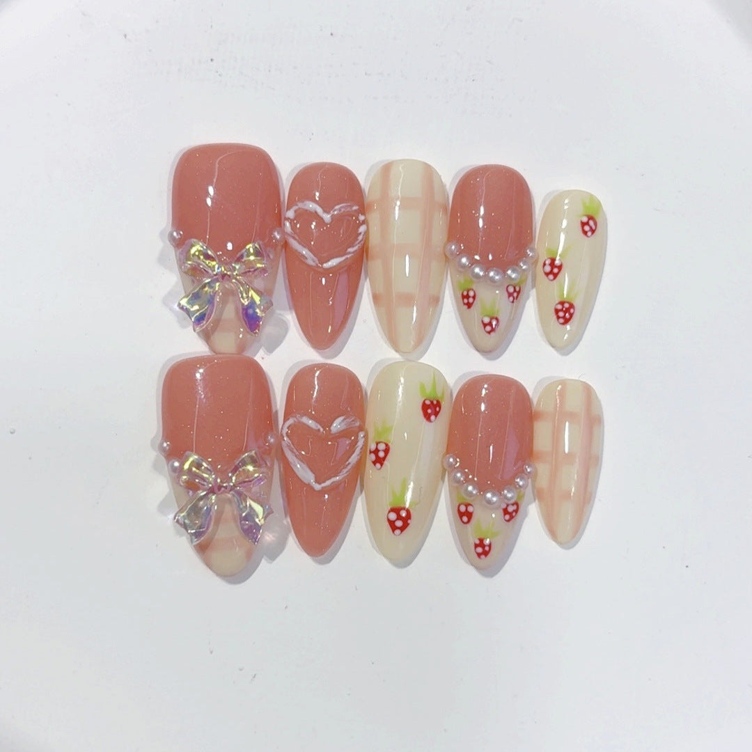 Sweetheart Romance: "Strawberry Bow Heart" – Almond Shape Handmade Press-Ons