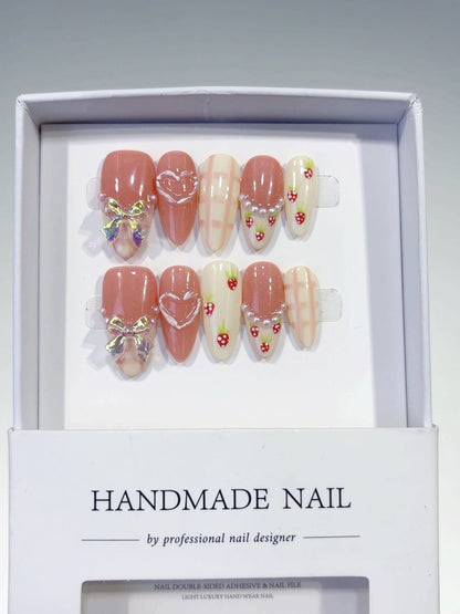 Sweetheart Romance: "Strawberry Bow Heart" – Almond Shape Handmade Press-Ons