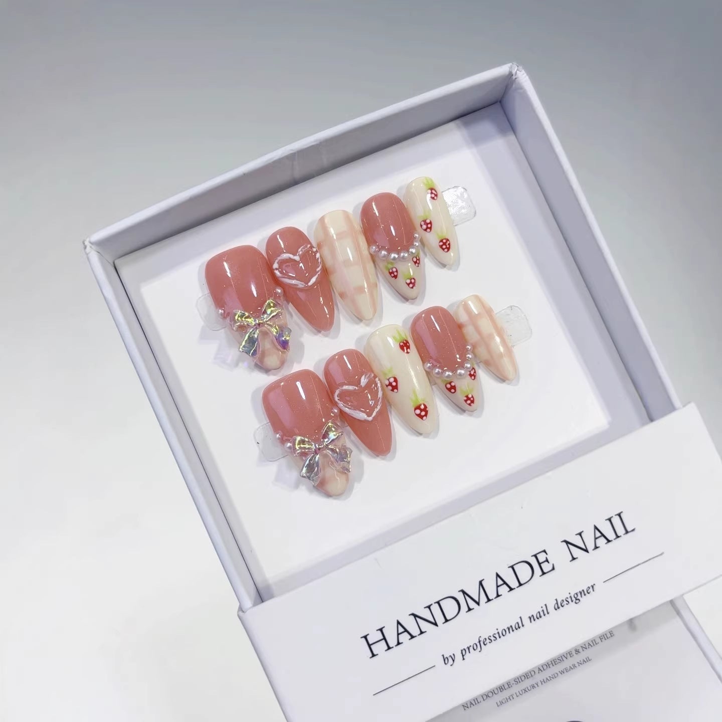 Sweetheart Romance: "Strawberry Bow Heart" – Almond Shape Handmade Press-Ons