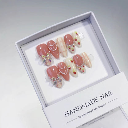 Sweetheart Romance: "Strawberry Bow Heart" – Almond Shape Handmade Press-Ons