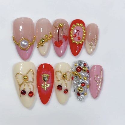 Cherry Rose Gala: "Festive Bow & Bloom" – Almond Press-On Nails