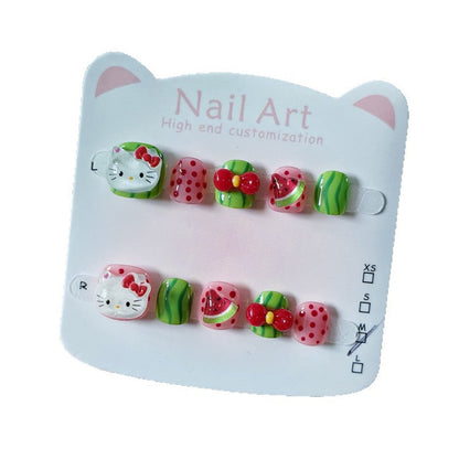 KIDS Collection: Watermelon Hello Kitty - short round handmade kids press on nails